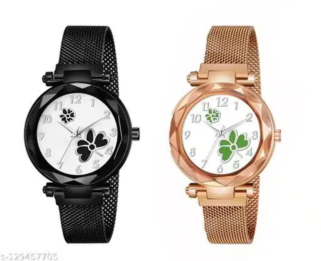 Analog Watch for Women, Pack of 2 (Rose Gold & Black)