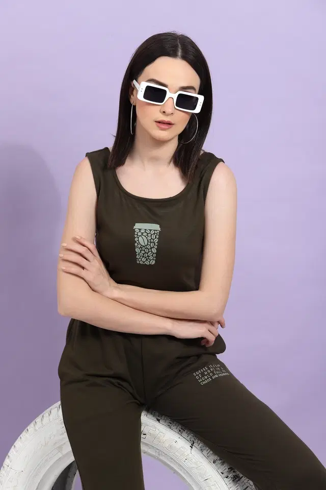 Cotton Blend Top & Bottom Set for Women (Bottle Green, XL)