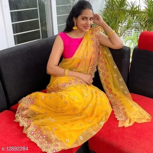 Embroidered Cotton Blend Floral Bangalori Silk Sewing & Embroidery (Yellow, Free Size)