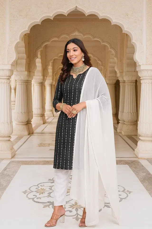 Cotton Blend Striped Kurti for Women, Black (M)