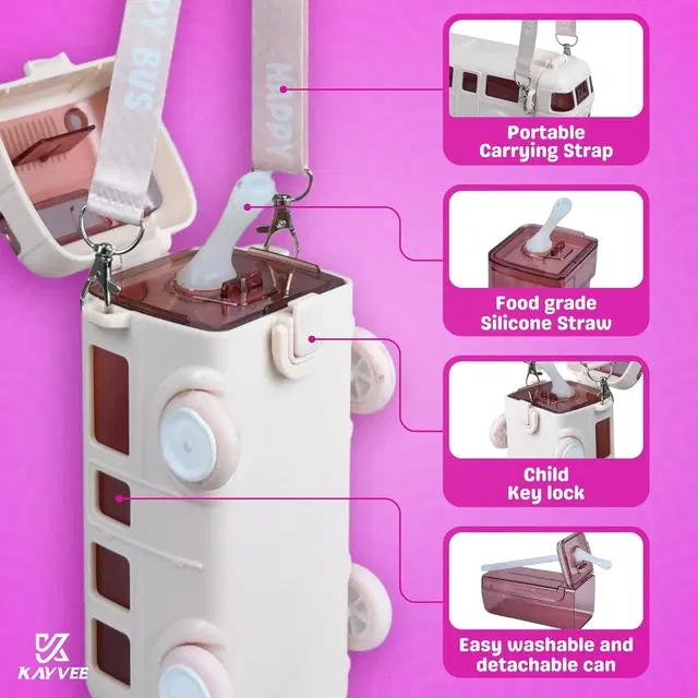 Plastic Bus Shape Sipper Bottle for Kids, Multicolor (1000 ml)