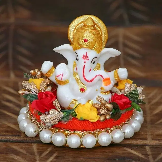 JIYANSH Lord Ganesha Statue on Decorative Handcrafted Plate, God Idol for Car Dashboard, Home, Office Decor, Pack of 1