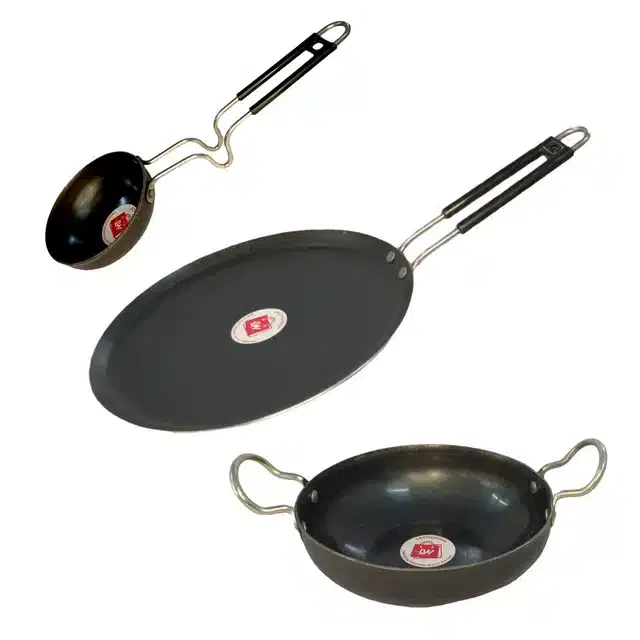 LAZYwindow Iron Deep Bottom Kadai with Insulated Handle Tawa & Tadka Pan Combo, Black, Pack of 3