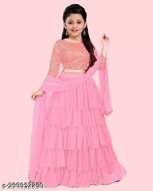 Net Solid Lehenga Choli with Dupatta for Girls (Pink, 6-7 Years)