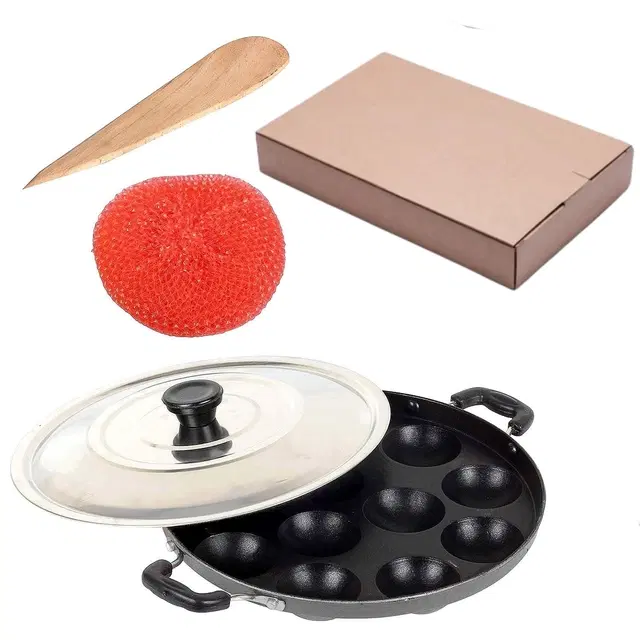 12 Cavity Non Stick Appam Maker with Stainless Steel Lid & Accessories, Multicolour, Set of 1