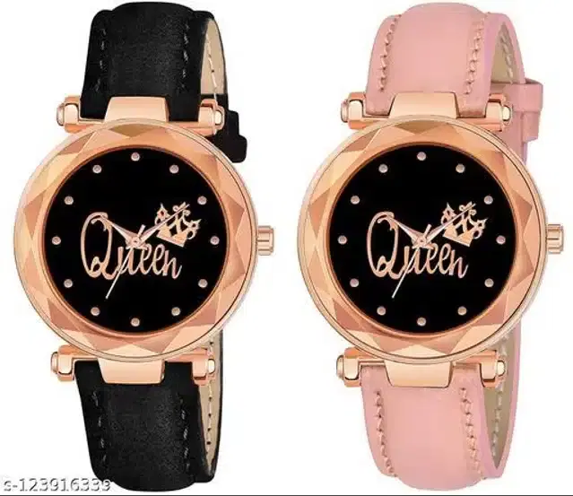 Analog Watch for Women, Pack of 2 (Pink & Black)