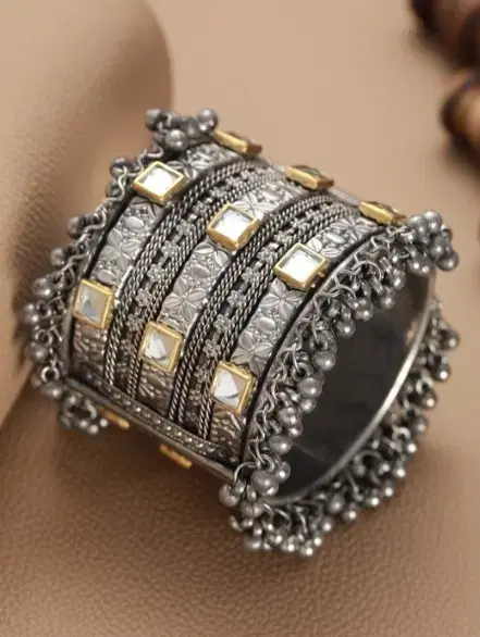 Kundan Studded Ghungroo Cuff Bracelet for Women, Silver