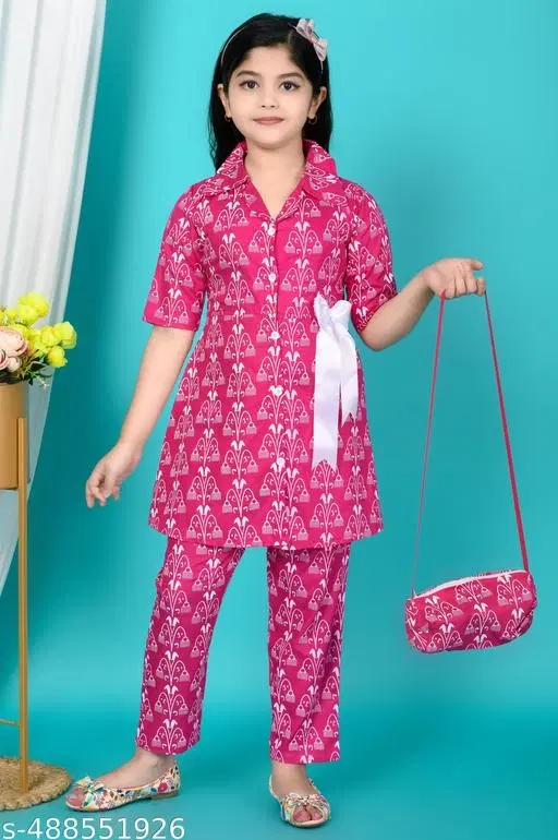 Printed Kurta Pajama Set for Girls (Multicolor, 3-4 Years)