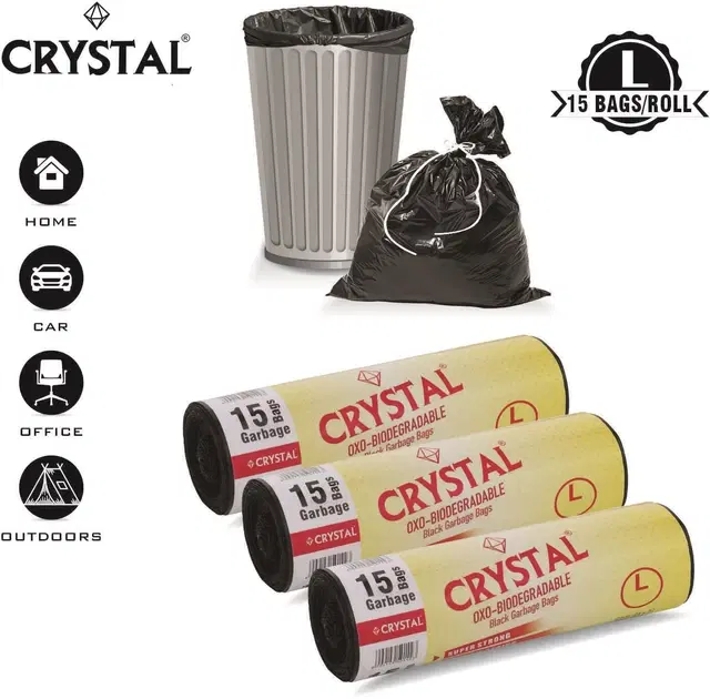 Crystal 15 Pcs Garbage Bags Rolls, Black, 45 L, Set of 3