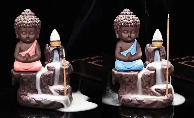Buddha Smoke Backflow Incense Holder with 20 Cones, Set of 2, Red & Blue