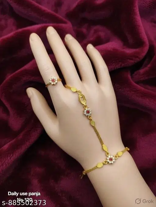 Bracelet with Ring for Women (Gold, Free Size)