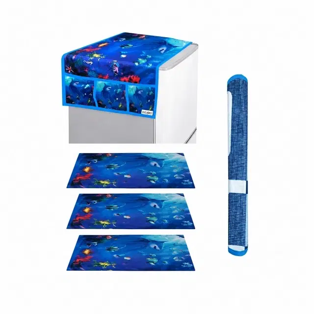 Refrigerator Cover For Top With 6 Utility Pockets , 1 Handle Cover And 3 place Mats (Pack Of 4)