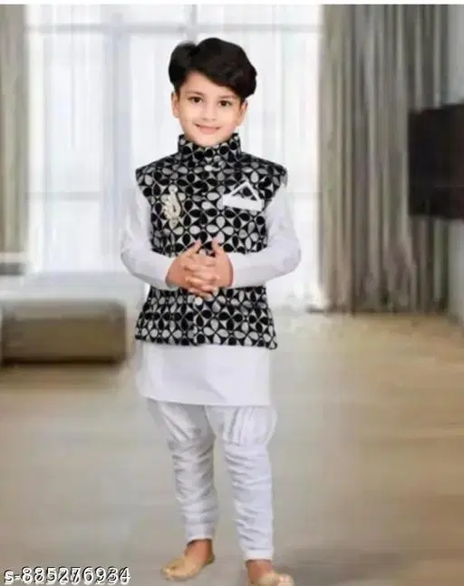 Ethnic Motif Cotton Kurta Set for Boys (White, 4-5 Years)