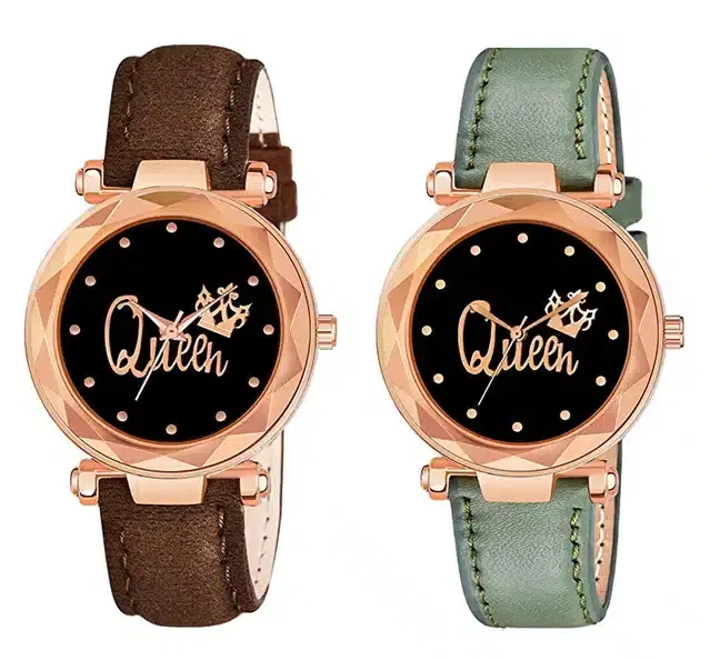 Designer Leather Analog Watch for Women & Girls, Pack of 2 (Brown & Green)