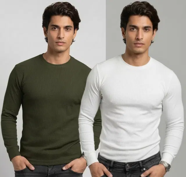 Polyester T-shirt for Men, Olive & White, Pack of 2 (M)
