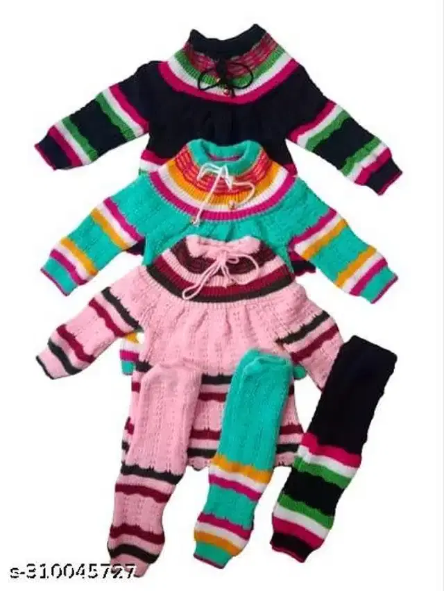 Woolen Sweater & Pant for Girls, Set of 3 (Multicolor, 3-6 Months)