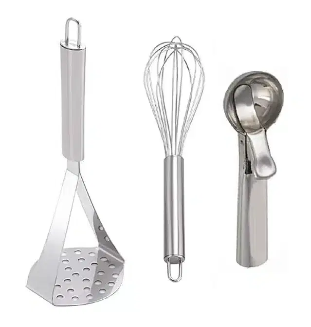 Stainless Steel Masher with Egg Beater & Ice Cream Scooper, Multicolor, Set of 3