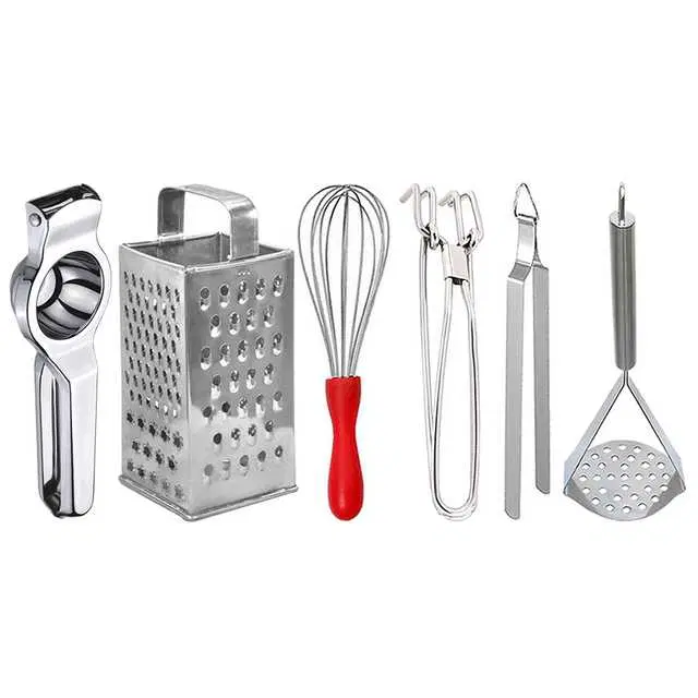 Oc9 Stainless Steel Lemon Squeezer & 4 in 1 Grater Or Slicer & Egg Whisk & Pakkad & Roti Chimta & Potato Masher Kitchen Tool Set, O-164