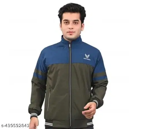 Polyester Solid Jacket for Men (Olive & Royal Blue, L)