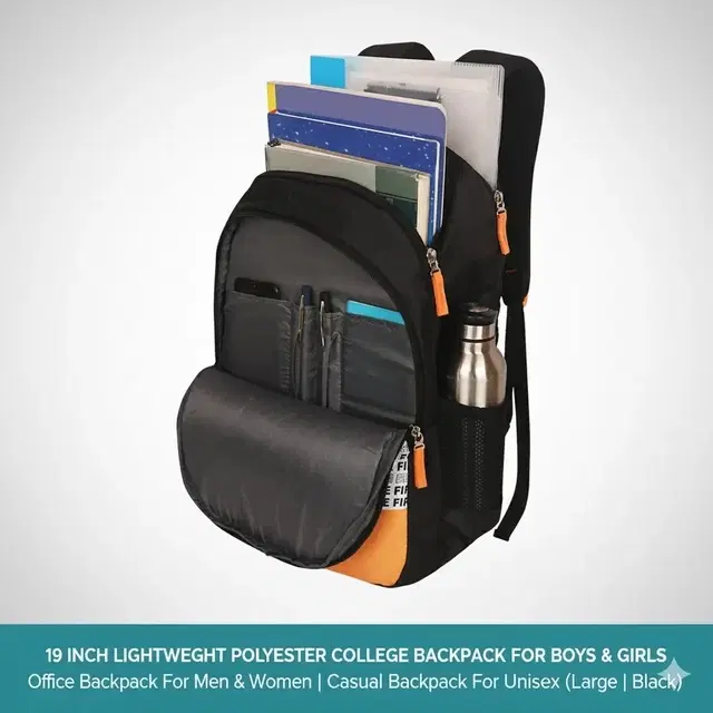 Priority 19 Inch Lightweight Polyester College Backpack For Boys & Girls | Office Backpack For Men & Women | Casual Backpack For Unisex, Large | Black - INV23129