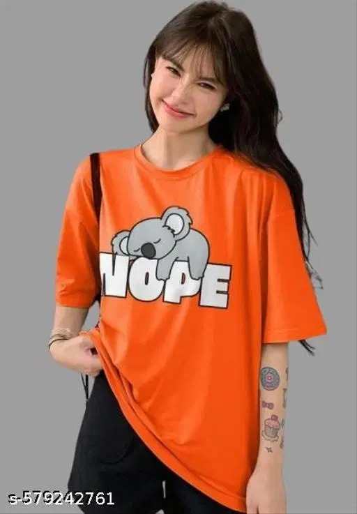 Cotton Blend Printed T-Shirt for Women, Orange (XXL)