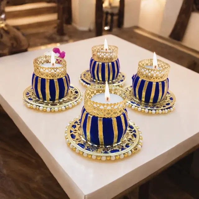 Metal Designer Tealight Candle Holder, Blue, 8x8x6 cm, Pack of 4