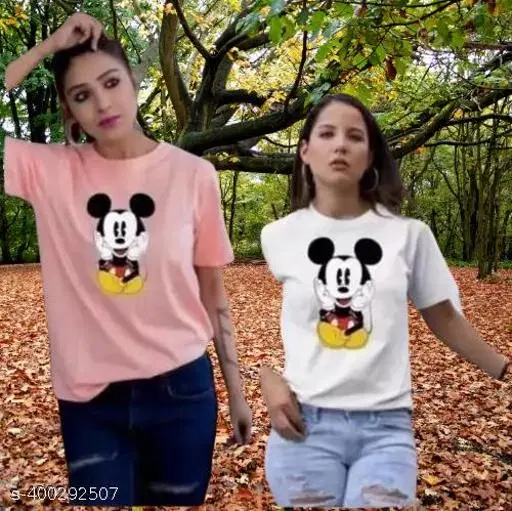 Cotton Blend Printed T-Shirt for Women, White & Pink, Pack of 2 (S)
