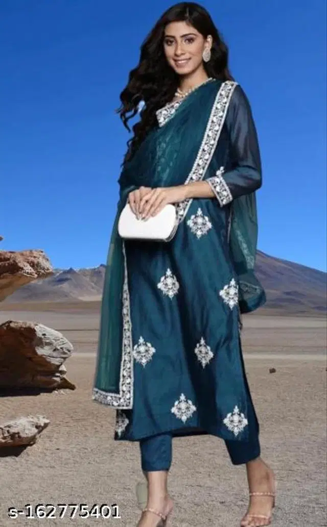 Viscose Rayon Embroidered Kurta with Pant & Dupatta for Women (Multicolor, S)