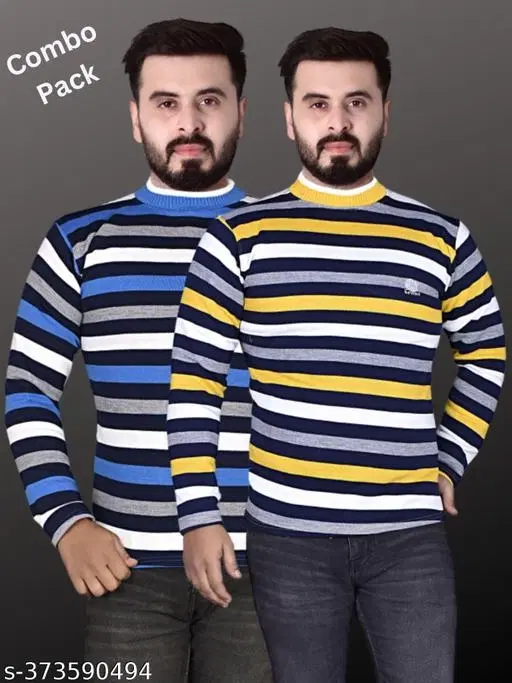 Woolen Striped Sweater for Men, Pack of 2 (Blue & Yellow, XL)