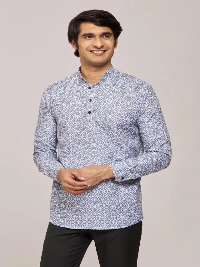 Cotton Blend Printed Kurta for Men (Light Grey, M)