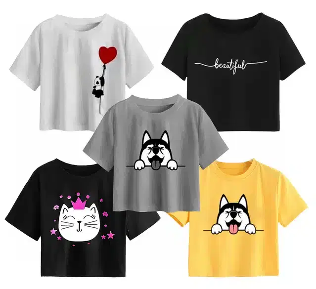 Cotton Printed Crop Tops for Girls, Pack of 5 (Multicolor, 13-14 Years)