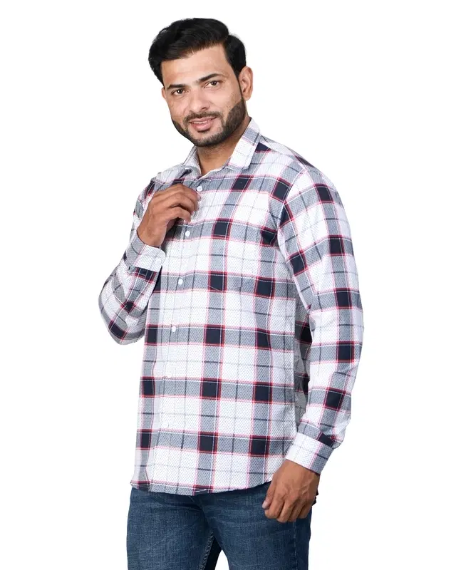Poly Cotton Full Sleeves Chequered Shirt for Men, White & Red (XL)