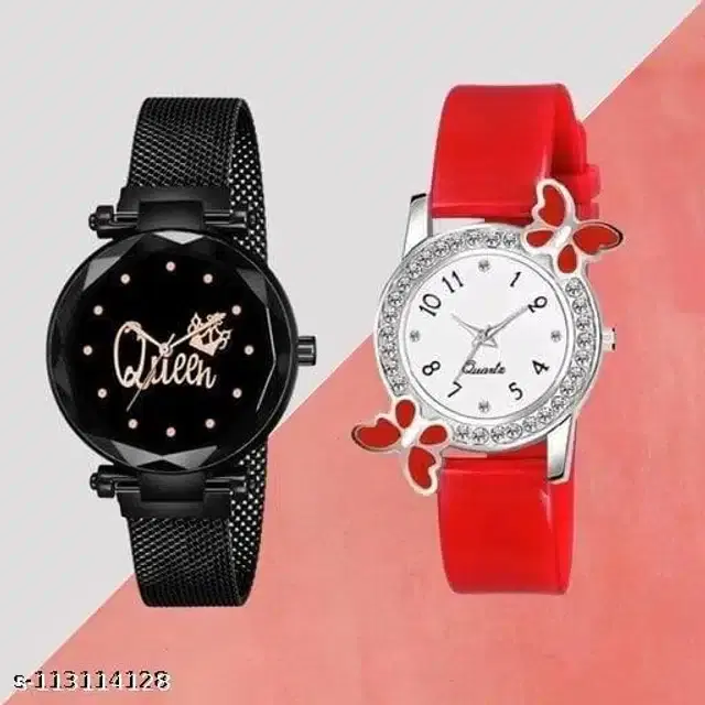 Analog Watch for Women, Set of 2 (Red & Black)