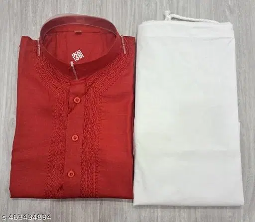 Cotton Solid Kurta Set for Men, Red & White (M)