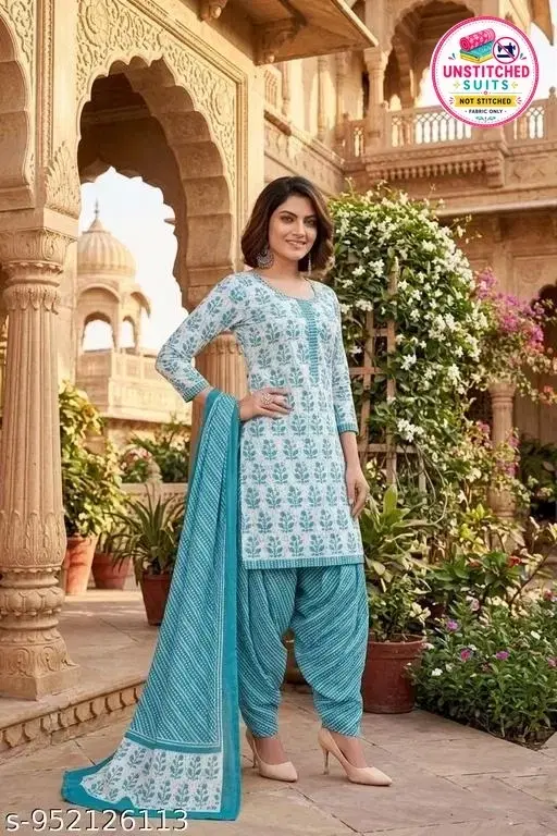 Cotton Blend Printed Unstitched Suits for Women (Aqua Blue, L)