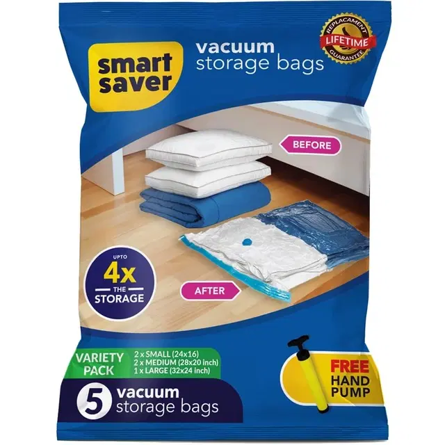 Vacuum Bags for Travel, Space Saver Bags, Compression Storage Bags, Ziplock Bag with Hand Pump (Pack of 5) Assorted