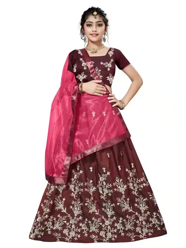 Net Embroidered Semi Stitched Lehenga for Girls (Maroon, 9-10 Years)