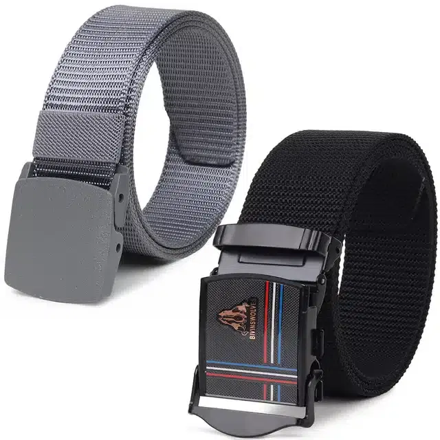 Casual Nylon Belts for Men, Pack of 2 (Grey & Black)