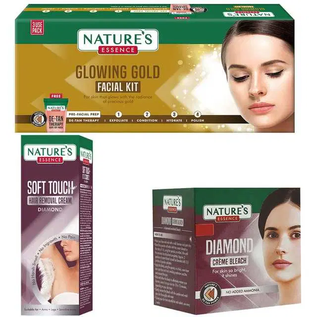 Combo of 1 Natures Glowing Gold Facial Kit & 1 Natures Diamond Creme Bleach, 21 g & 1 Natures Diamond Hair Removal Cream, 30 g, R479