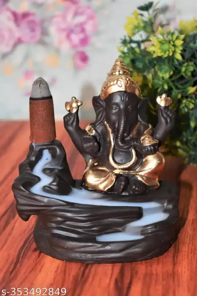 Resin God Ganesha Idol cum Incense Holder, Black & Gold