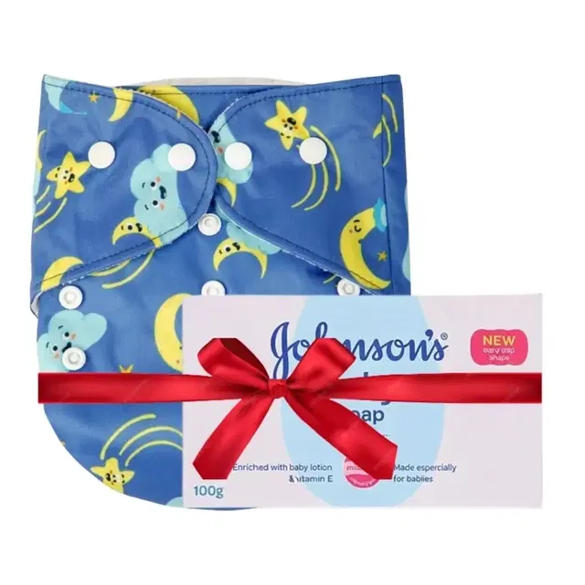 Bumpers Organic Cloth Diaper (Royal Blue) Free Size + Johnson's Baby Soap 100 g