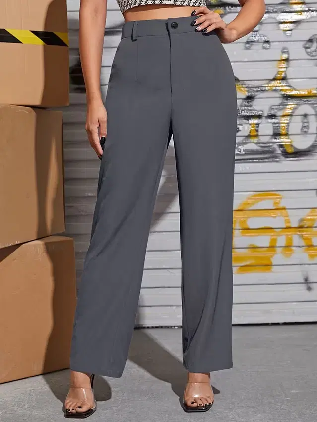 Mid Rise Solid Trousers & Pants for Womens (Grey, 26)