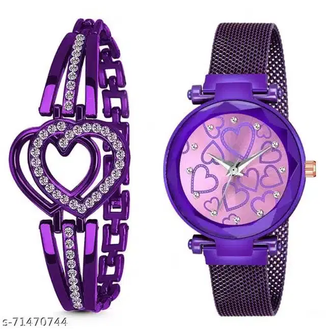 Analog Watch with Bracelet for Women, Set of 2 (Multicolor)