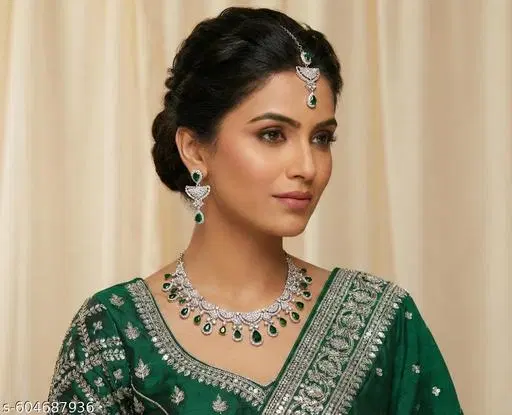 Silver Finish Necklace Set for Women (Green, Free Size)