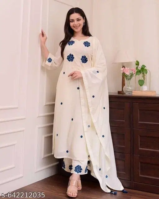 Floral Embroidered Kurta with Trousers & Dupatta Set for Women (White, S)
