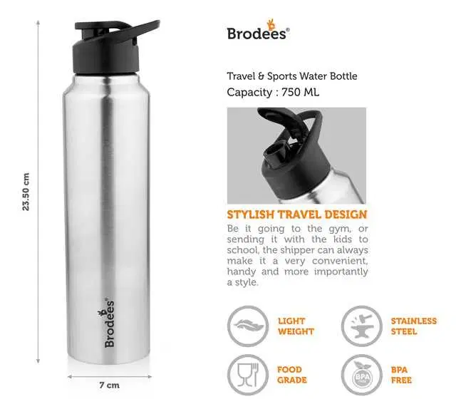 Brodees Neer Stainless Steel Bottle With Sipper Cap 750 ml Capacity, Pack Of 1, A-18