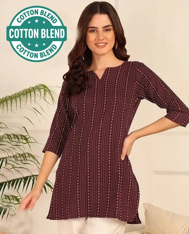 Cotton Blend Striped Short Kurti for Women, Brown (XXL)
