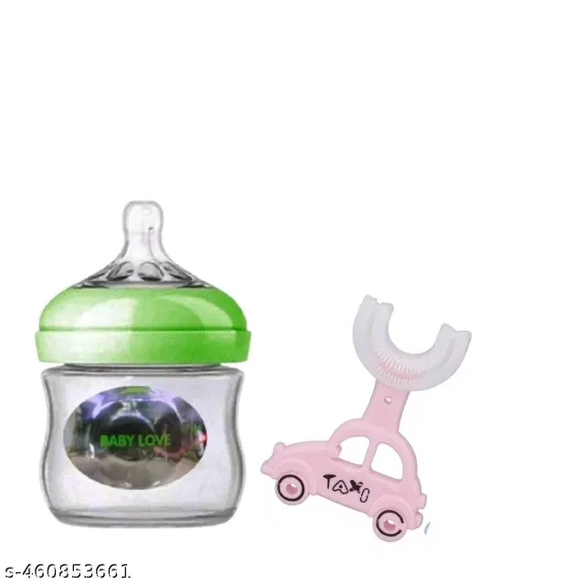 Combo of Milk Bottle, 120 ml & U Shaped Toothbrush for Baby, Multicolor, Set of 2