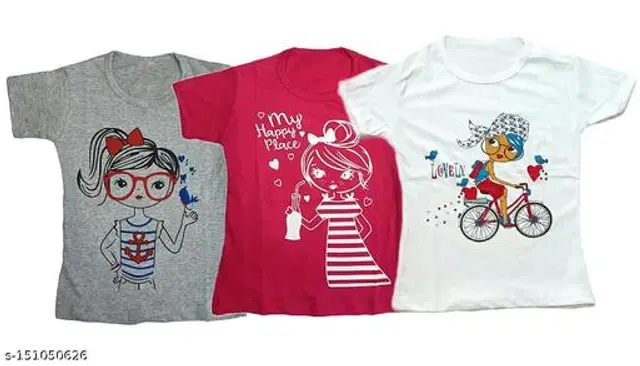 Round Neck Printed T-Shirt for Girls, Pack of 3 (Multicolor, 12-18 Months)