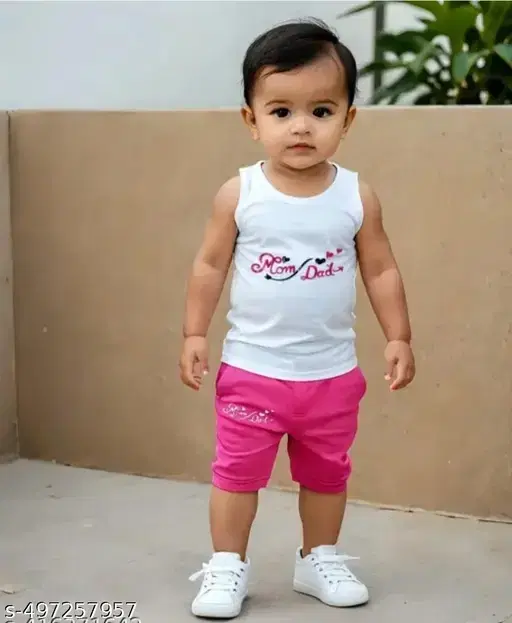 Cotton Printed Clothing Set for Boys, White & Pink (18-24 Months)